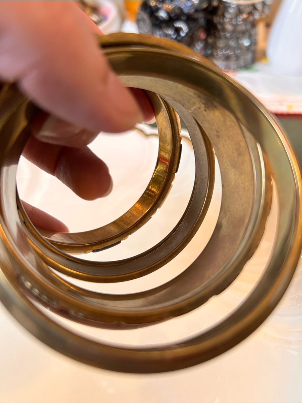 Lot of 6 Mixed Media Brass Bangles | Resin Wood Enamel Stack Bracelets Boho - Picture 4 of 8